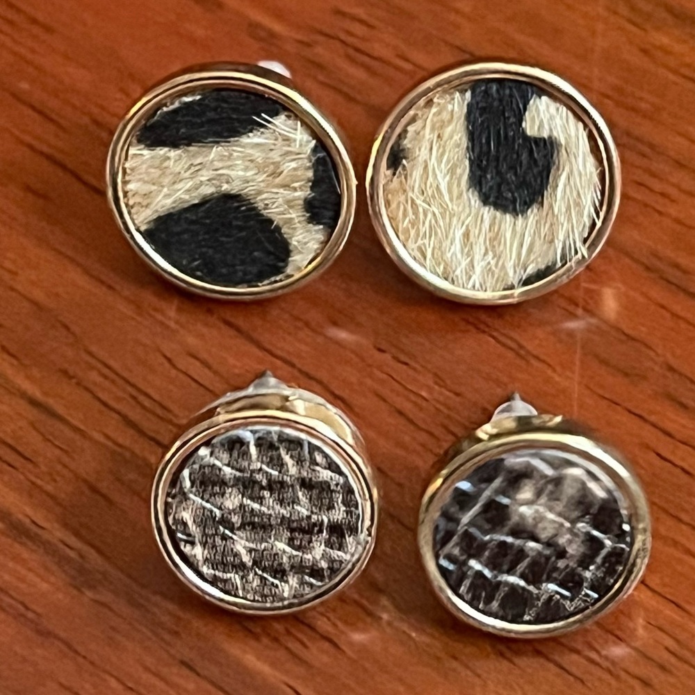 Lot Of 2 Gold Tone Cow Faux Fur And Snake Skin Round Post Stud Earrings Western